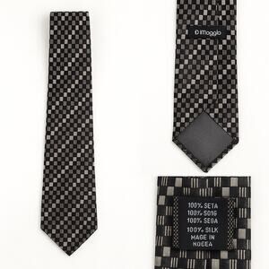 DiMoggio Silk Tie Black Silver Geometric Checker Pattern 60” x 4” Korea